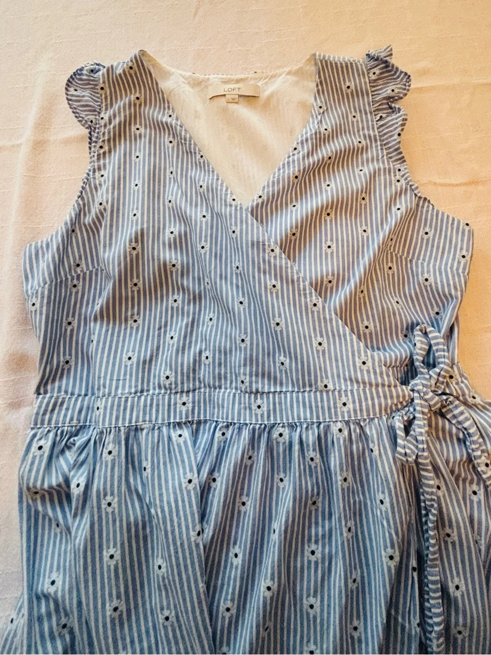 LOFT Light Blue & White Striped Midi Wrap Dress with Ruffle Sleeves Women’s L - Picture 5 of 11